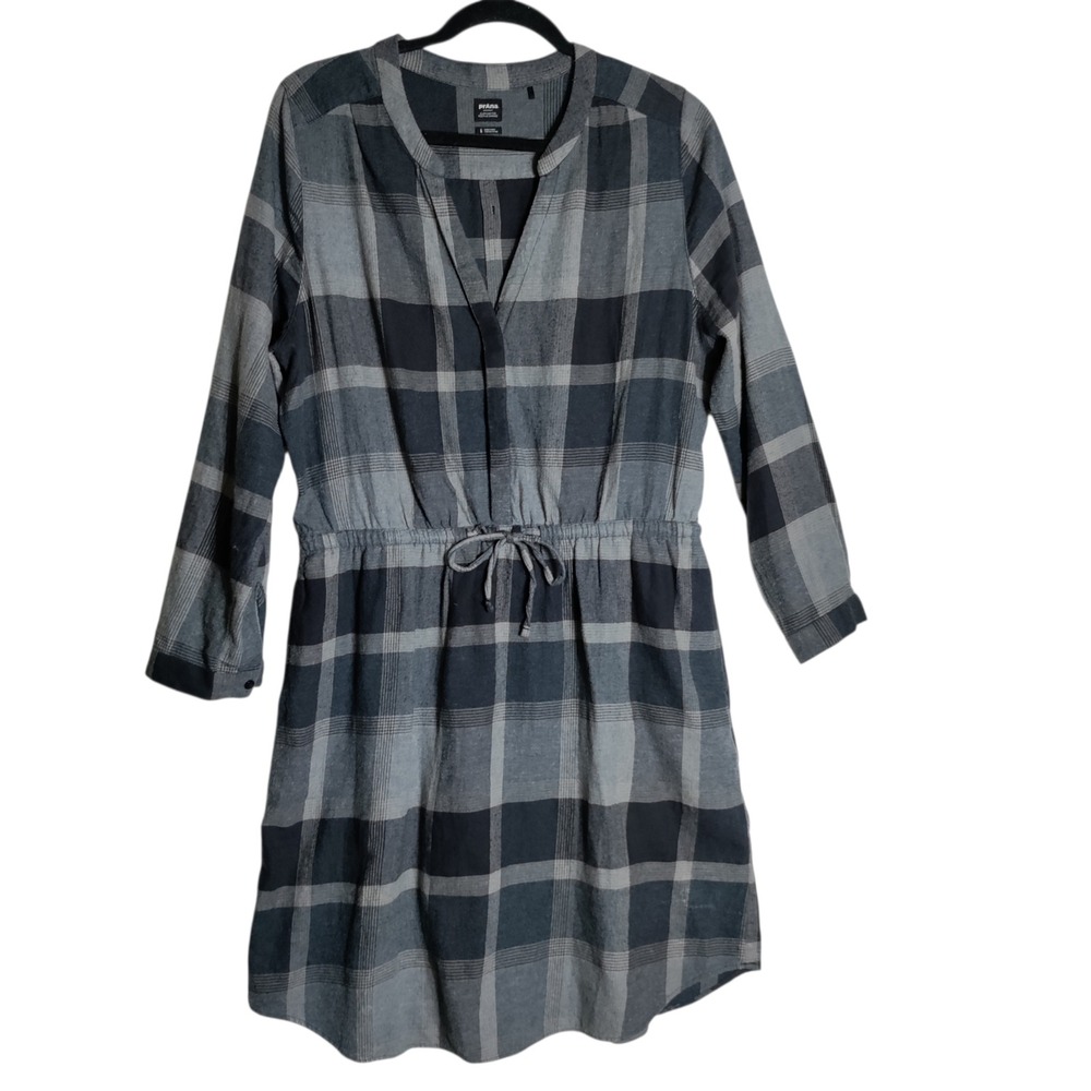 Prana Womens Grey Black Plaid Flannel Drawstring Waist‎ Shirt Dress Size Large